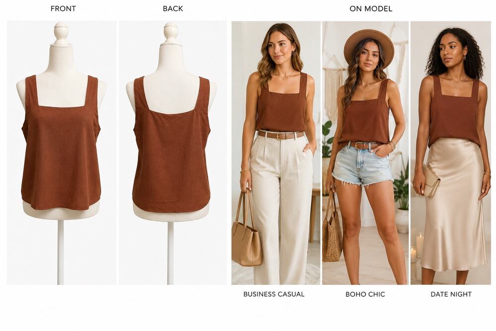 NWT Anrabess Brown Linen Blend Square Neck Tank Top | Minimalist Blouse | Small